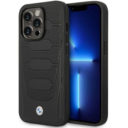Czarne etui na telefon z wzorem przypominającym siedzenia samochodowe, posiada wyraźne tekstury i logo w dolnej części. Obok etui znajduje się telefon z wyświetlaczem pokazującym niebieski motyw świetlny.