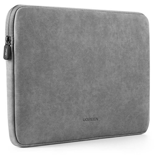 Szare etui na laptopa z widocznym zamkiem błyskawicznym i napisem "UGREEN" na powierzchni. Materiał ma delikatną fakturę przypominającą skórę.