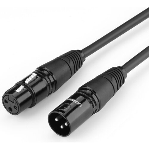 Czarny kabel z dwoma złączami XLR, jedno męskie i jedno żeńskie, o długości 5 metrów. Na jednym z wtyków widoczne jest logo "UGREEN".
