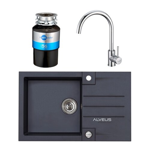 Zlewozmywak ALVEUS Rock 130 Czarny nakrapiany + Bateria ALVEUS Roxa 2090400 Chrom + Młynek do rozdrabniania odpadów INSINKERATOR Model 56