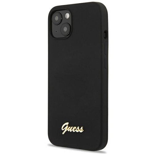 Czarne etui na telefon z widocznym złotym logo "Guess" na dole. Etui ma wycięcia na aparat i przyciski boczne.