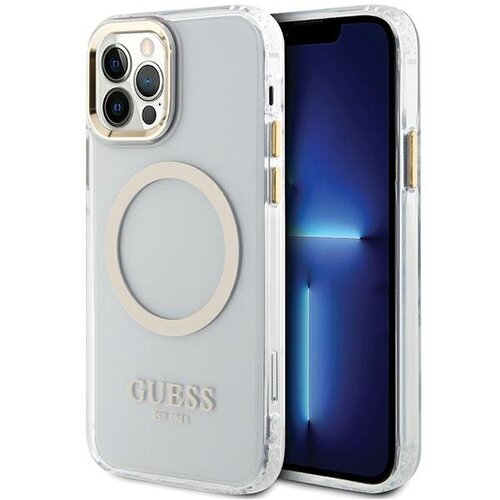 Etui GUESS Metal Outline MagSafe do Apple iPhone 12/12 Pro Przezroczysto-złoty