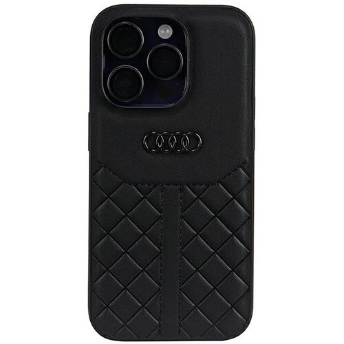 Czarne etui na telefon wykonane z prawdziwej skóry, z widocznym logo Audi w centralnej części. Dolna część etui ma wzór w formie pikowanej kratki.