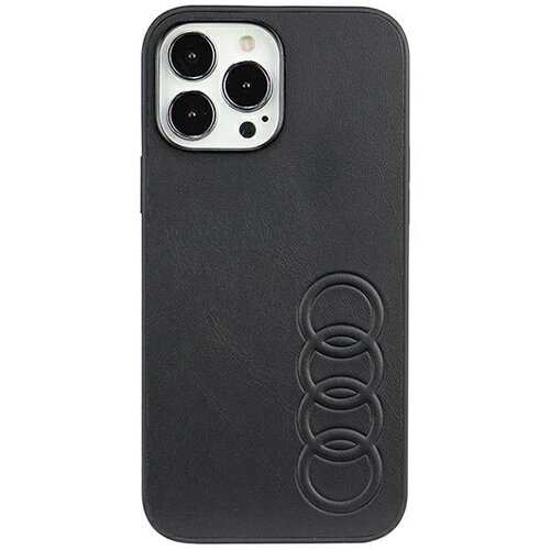 Czarne etui na telefon wykonane z syntetycznej skóry, przeznaczone dla modelu Apple iPhone 13 Pro Max. Na etui widoczne jest wytłoczone logo składające się z czterech połączonych okręgów.