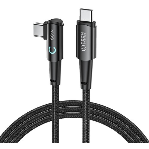 Na zdjęciu widoczny jest szary kabel USB-C do USB-C z plecionym oplotem, oznaczony jako TECH-PROTECT UltraBoost L 60W. Na jednym z końców kabla znajduje się napis "60W" oraz niebieska litera "C".