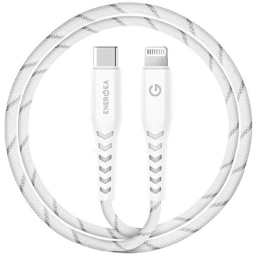 Biały kabel USB-C - Lightning o długości 1,5 metra z plecionym wzorem, z widocznymi złączami; na jednym z nich znajduje się napis "ENERGEA", a na drugim litera "G".