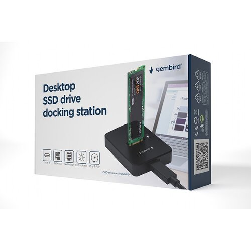 Pudełko produktu z napisem "Desktop SSD drive docking station" oraz logo "gembird", przedstawiające stację dokującą z włożonym dyskiem SSD, obok laptopa. Na opakowaniu znajdują się ikony i teksty: "Type-C", "SATA SSD", "NVMe SSD", "LED Indicator", "Plug &
