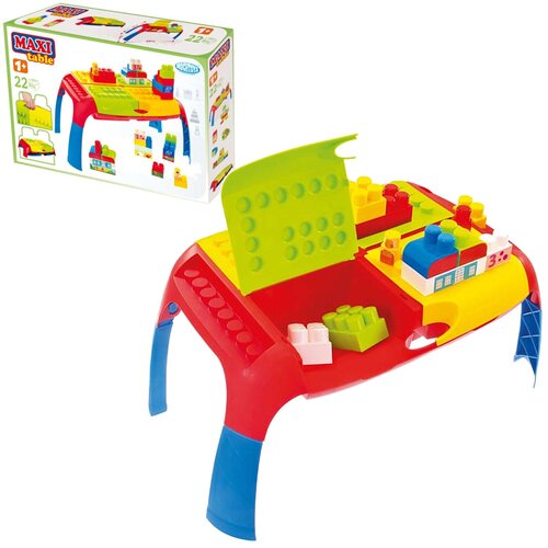Kolorowy stół konstruktora z plastikowymi klockami, w zestawie widoczne są różnokolorowe elementy do budowy. Na opakowaniu znajduje się napis "MAXI table" oraz logo "MOCHTOYS", a także informacja o liczbie elementów: "22".