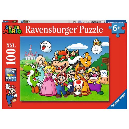 Czerwone opakowanie puzzli Ravensburger z motywem Super Mario, zawierające 100 elementów XXL, z ilustracją przedstawiającą postacie z gry na tle zamku i nieba. Na opakowaniu widnieją napisy: "Ravensburger Puzzle", "Super Mario", "XXL 100", "Premium Puzzle