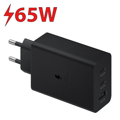 Czarna ładowarka sieciowa z trzema portami, oznaczonymi jako "Max 65W", "Max 25W" i "Max 25W", z symbolem błyskawicy i napisem "Super Fast Charging" na obudowie. Nad ładowarką widnieje czerwony napis "65W" z symbolem błyskawicy.