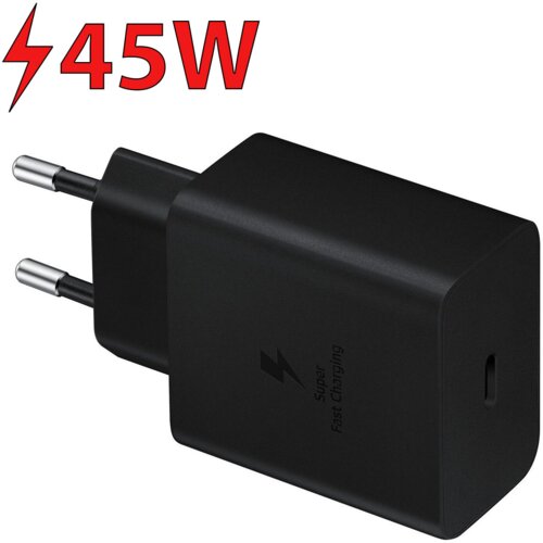 Czarna ładowarka sieciowa z dwoma metalowymi bolcami, na której widnieje napis "Super Fast Charging" oraz symbol błyskawicy. Obok ładowarki znajduje się czerwony napis "45W" z symbolem błyskawicy.