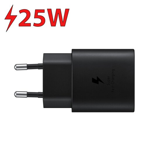 Czarna ładowarka sieciowa z dwoma metalowymi bolcami, na której widnieje napis "Super Fast Charging" oraz symbol błyskawicy. W górnej części obrazu znajduje się czerwony napis "25W" z symbolem błyskawicy.
