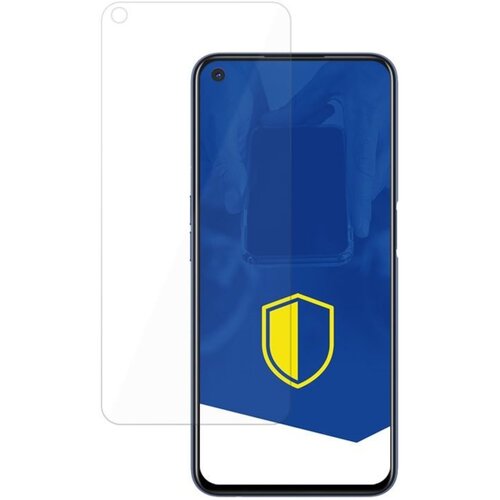 Na zdjęciu znajduje się telefon z nałożonym szkłem ochronnym, a na ekranie widoczna jest niebieska grafika z żółtą tarczą. Obok telefonu znajduje się przezroczyste szkło ochronne.