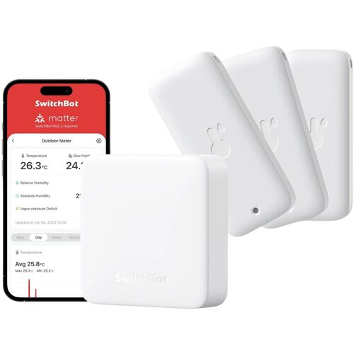 Na zdjęciu widoczne są trzy białe czujniki oraz biały Hub Mini, a także smartfon z aplikacją pokazującą dane dotyczące temperatury i wilgotności. Na ekranie smartfona widnieje tekst: "SwitchBot", "matter", "SwitchBot Hub 2 required", "Outdoor Meter", "Tem
