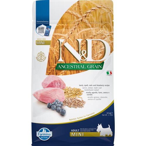 Karma dla psa FARMINA N&D Ancestral Grain Jagnięcina z orkiszem z owsem i borówką amerykańską Adult Mini 800 g