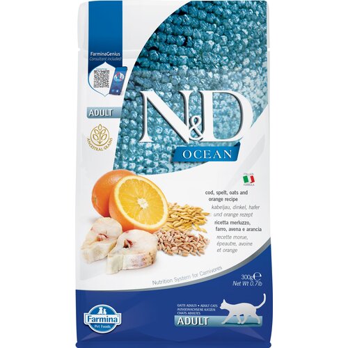 Karma dla kota FARMINA N&D Ocean Adult Dorsz, Orkisz, Owies i Pomarańcza 300 g
