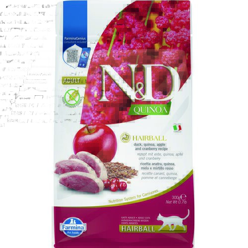 Karma dla kota FARMINA N&D Quinoa Hairball Kaczka z komosą ryżową z jabłkiem i żurawiną Adult 300gr