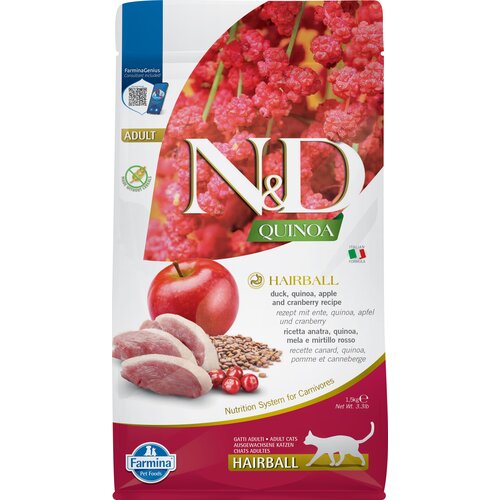 Karma dla kota FARMINA N&D Quinoa Hairball Adult kaczka, jabłko i żurawina 1.5 kg