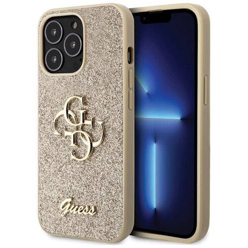 Złote etui na telefon z brokatowym wykończeniem, ozdobione dużym, metalicznym logo składającym się z liter "G" i "D". Na dole etui widnieje napis "Guess" w eleganckim, złotym stylu.