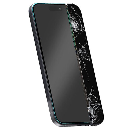 Na zdjęciu znajduje się smartfon z nałożonym szkłem ochronnym, które jest częściowo pęknięte, ukazując jego wytrzymałość. Szkło ochronne jest przedstawione w sposób, który pokazuje jego grubość i strukturę, a na ekranie telefonu nie ma widocznych aplikacj