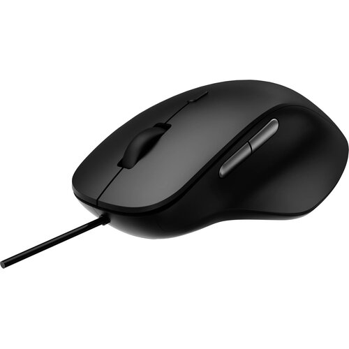 Czarna mysz komputerowa o ergonomicznym kształcie z widocznym przewodem oraz dwoma przyciskami bocznymi. Na powierzchni myszy znajduje się logo producenta "RAPOO".