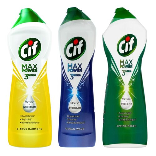 Mleczko do czyszczenia CIF Max Power Citrus Harmony 1000 ml + Mleczko do czyszczenia armatury CIF Max Power OceanWave, Spring Fresh 2 x 693 ml