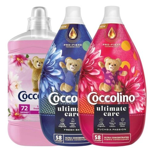 Płyn do płukania COCCOLINO Silk Lily 1800 ml + Płyn do płukania COCCOLINO Ultimate Care Fresh Sky, Fuchsia Passion 2 x 870 ml