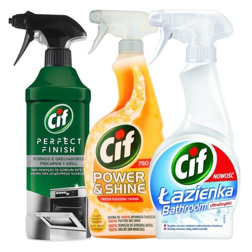 Płyn odtłuszczający CIF Power & Shine 750 ml + Płyn do mycia piekarników CIF Perfect Finish 435 ml + Płyn do czyszczenia łazienki CIF Ultraszybki 500 ml