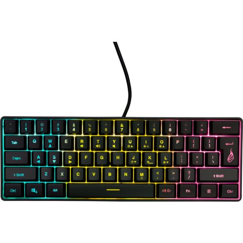 Na zdjęciu znajduje się klawiatura z podświetleniem RGB, z widocznymi klawiszami oznaczonymi literami, cyframi i symbolami. Klawisze są podświetlone w różnych kolorach, w tym niebieskim, żółtym i różowym, a na jednym z klawiszy widoczne jest logo w kształ