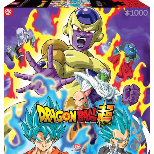 Na zdjęciu znajduje się pudełko puzzli z grafiką przedstawiającą postacie z "Dragon Ball Super", w tym dużą postać w złotej zbroi na tle płomieni. Na dole widnieje logo "Dragon Ball Super", a w rogu jest napis "1000".