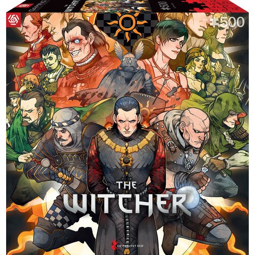Pudełko puzzli przedstawia ilustrację z postaciami z gry "The Witcher", z centralnie umieszczonym napisem "THE WITCHER" oraz logo CD PROJEKT RED. Na opakowaniu widnieje informacja o liczbie elementów: "+500".