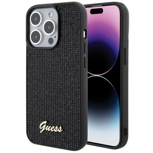 Czarne etui na telefon z teksturowaną powierzchnią i złotym napisem "Guess" w dolnej części. Obok etui widoczny jest telefon z wyświetlaczem pokazującym gradientowe tło w odcieniach fioletu i niebieskiego.