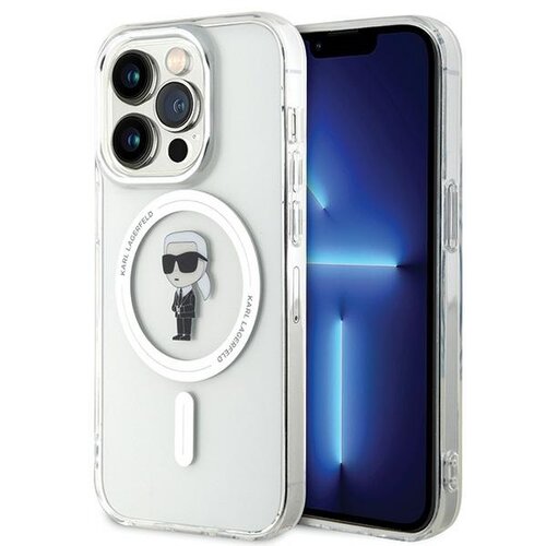 Przezroczyste etui na telefon z grafiką postaci w okularach przeciwsłonecznych i napisem "KARL LAGERFELD" wokół okręgu. Obok etui widoczny jest telefon z wyświetlaczem pokazującym niebieski wzór w kształcie litery "X".