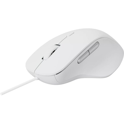 Biała mysz komputerowa o ergonomicznym kształcie z widocznym przewodem oraz dwoma przyciskami bocznymi. Na powierzchni myszy znajduje się logo producenta "RAPOO".