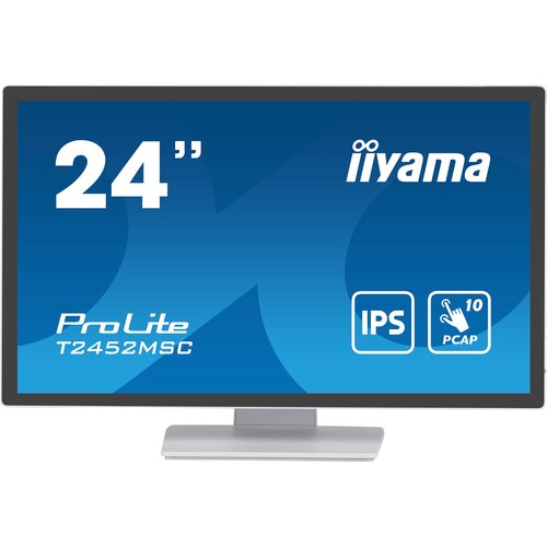 Monitor z czarną ramką i srebrną podstawą, na ekranie widoczny jest niebieski ekran z białymi napisami: "24”", "iiyama", "ProLite T2452MSC", oraz ikonami "IPS" i "10 PCAP".