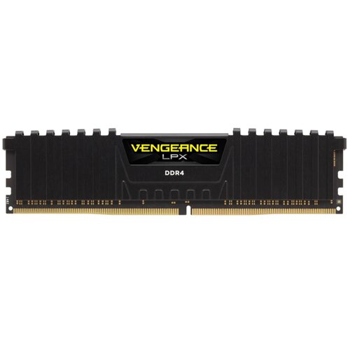 Czarny moduł pamięci RAM z widocznym napisem "VENGEANCE LPX" oraz "DDR4" na środku. Produkt ma złote styki na dolnej krawędzi.