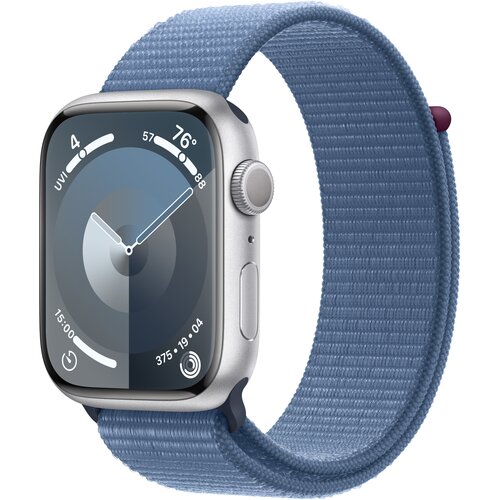 APPLE Watch 9 GPS 45mm koperta z aluminium (srebrny) + opaska sportowa (zimowy błękit)