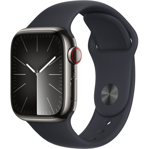 APPLE Watch 9 GPS + Cellular 41mm koperta ze stali nierdzewnej (mocny grafit) + pasek sportowy S/M (północ)