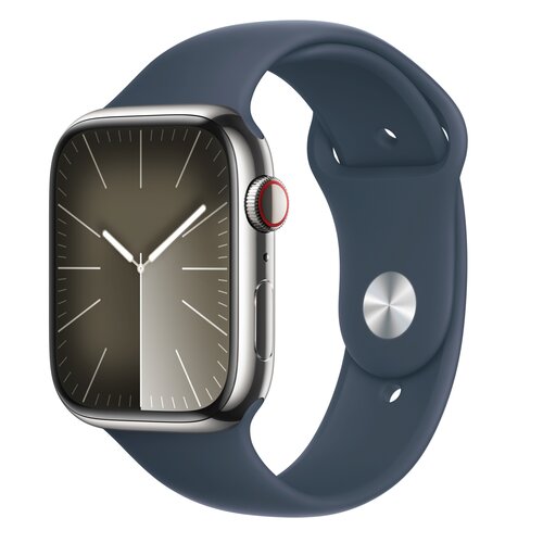 APPLE Watch 9 GPS + Cellular 45mm koperta ze stali nierdzewnej (srebrny) + pasek sportowy M/L (sztormowy błękit)