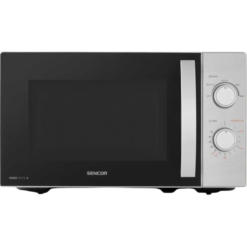 Kuchenka mikrofalowa w kolorze srebrno-czarnym z widocznym logo "SENCOR" na przedniej części. Panel sterowania z dwoma pokrętłami, oznaczeniami mocy i czasu oraz napisem "INNER SPACE +" na drzwiczkach.