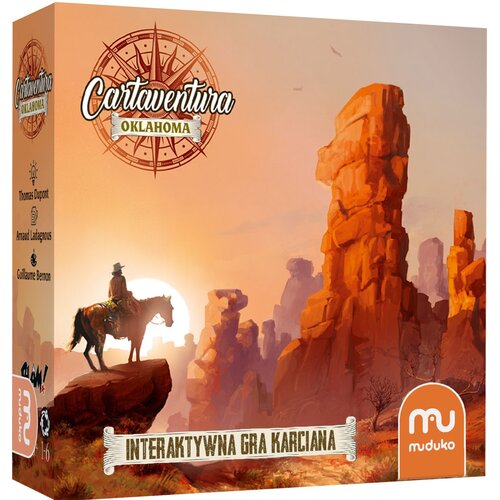 Opakowanie gry karcianej "Cartaventura: Oklahoma" przedstawia ilustrację jeźdźca na koniu na tle zachodzącego słońca i formacji skalnych. Na opakowaniu widnieje tekst: "INTERAKTYWNA GRA KARCIANA" oraz logo "muduko".