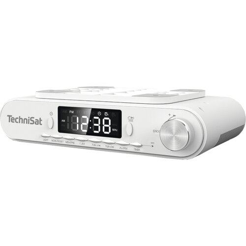 Białe radio analogowe marki TechniSat z wyświetlaczem cyfrowym pokazującym godzinę 12:38 oraz przyciskami funkcyjnymi poniżej, takimi jak "LIGHT", "MODE/RESET", "MEM/PAIR", "TUN-/H", "TUN+/M", "ALARM", "TIMER". Po prawej stronie znajduje się pokrętło z oz