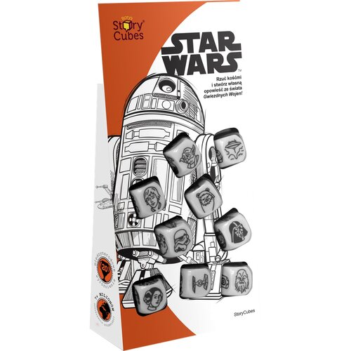 Opakowanie gry towarzyskiej "REBEL Story Cubes Star Wars" przedstawia ilustrację robota oraz dziewięć kostek z różnymi symbolami związanymi z uniwersum Gwiezdnych Wojen. Na opakowaniu widnieje napis: "Rzuć kośćmi i stwórz własną opowieść ze świata Gwiezdnych Wojen!" oraz logo "Rory's Story Cubes".