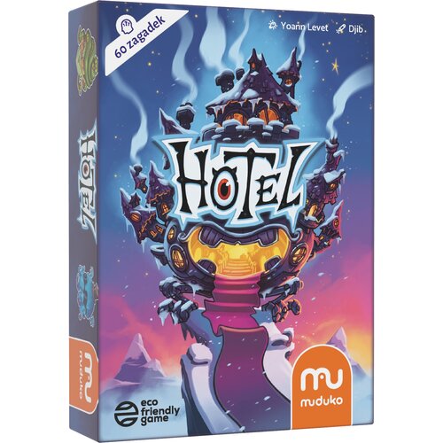 Okładka gry planszowej "Hotel" z napisem "60 zagadek" w lewym górnym rogu, przedstawia fantastyczny budynek z wieżyczkami na tle nieba, z logo "muduko" w prawym dolnym rogu. Na dole widnieje symbol "eco friendly game".
