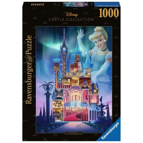 Opakowanie puzzli przedstawia zamek z bajki Disney "Kopciuszek" z kolekcji Castle Collection, z widoczną postacią Kopciuszka w tle. Na opakowaniu znajduje się tekst: "Disney Castle Collection", "Ravensburger Puzzle", "Cinderella" oraz liczba "1000".