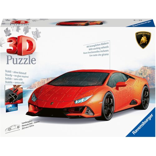 Na zdjęciu znajduje się opakowanie puzzli 3D przedstawiające czerwony samochód sportowy z logo Lamborghini, z napisem "3D Puzzle" oraz informacjami o produkcie, takimi jak "Stabil – ohne Klebstoff", "Sturdy – no glue required", "Mit beweglichen Rädern", "