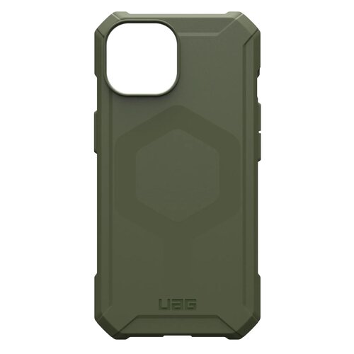 Oliwkowe etui do iPhone 15 z wyraźnym, geometrycznym wzorem na tylnej części. Na dole widoczne jest logo "UAG".