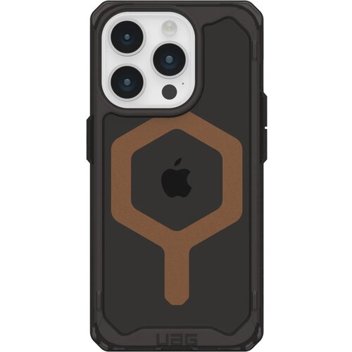 Czarno-brązowe etui na telefon z widocznym logo w kształcie jabłka na środku. Na dole etui znajduje się napis "UAG".