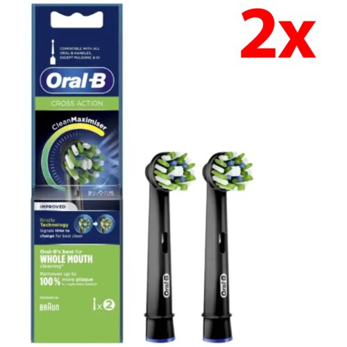 Opakowanie i dwie czarne końcówki szczoteczki Oral-B z zielono-niebieskimi włóknami, obok widoczny jest duży czerwony napis "2x". Na opakowaniu znajdują się napisy: "Oral-B", "Cross Action", "CleanMaximiser", "Improved", "Bristle Technology signals time t