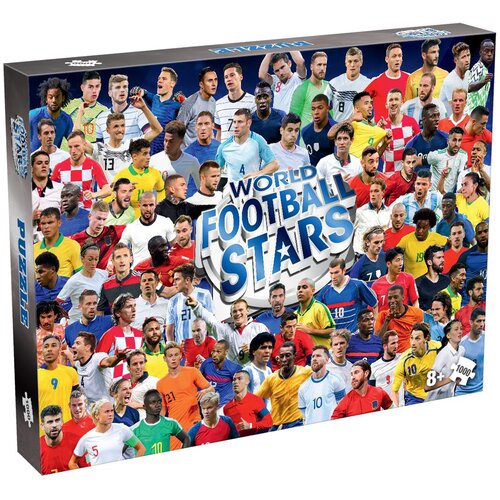 Pudełko puzzli przedstawia kolaż zdjęć piłkarzy w różnych koszulkach reprezentacyjnych, z centralnym napisem "WORLD FOOTBALL STARS". Na boku pudełka widnieje napis "PUZZLE" oraz informacja o liczbie elementów: "1000".